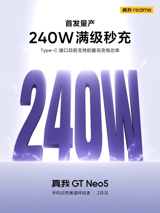 realme 发布 240W 有线快充技术，二月 realme GT Neo 5 率先搭载